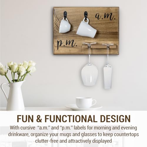 Premium Solid Acacia Wood Wall Mounted Mug and Wine Glass Holder Rack