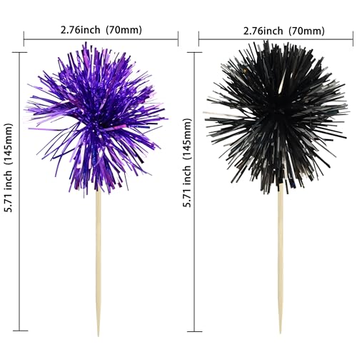 30Pcs Foil Firework Cupcake Toppers Sparkle Tinsel Cake Toppers Tinsel Drink Cake Decoration Cocktail Picks for Birthday Wedding Graduation Party Supplies Black Purple (30 Count)