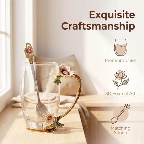 Tea Cup Gifts for Mom Women Mothers Day Glass Coffee Enamels Mug Birthday Butterfly Rose Valentines Day Christmas Tea Cup with Spoon
