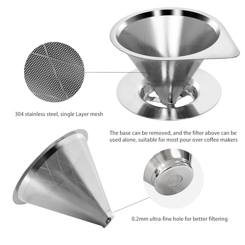 Pour Over Coffee Dripper Reusable Coffee Filter Paperless Coffee Filter Stainless Steel Pour Over Coffee Maker Cone Coffee Dripper for 1