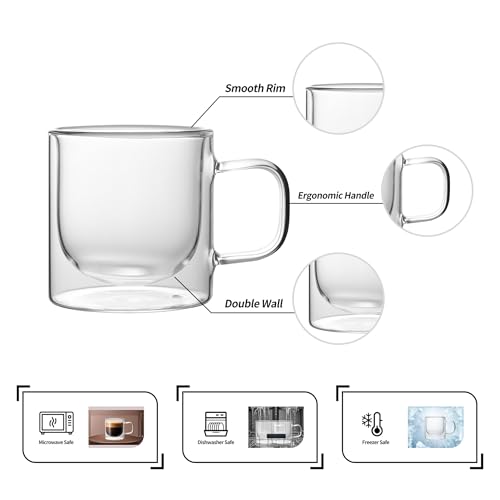 12 OZ Double Walled Glass Coffee Mugs Set of 2 Clear Coffee Cups with Handle 355ml Hand (2 Count)