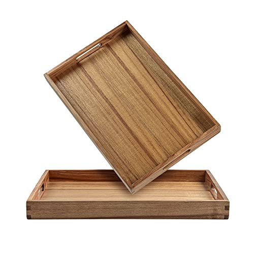 17 Inch Acacia Wood Serving Trays with Handles (2 Count)
