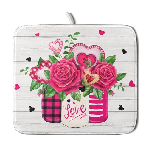 Valentine's Day Rose Flower Dish Drying Mat for Kitchen Counter