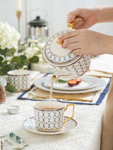 7 Oz Bone China Blue Tea Cup and Saucer Service for 4 (13 Count)