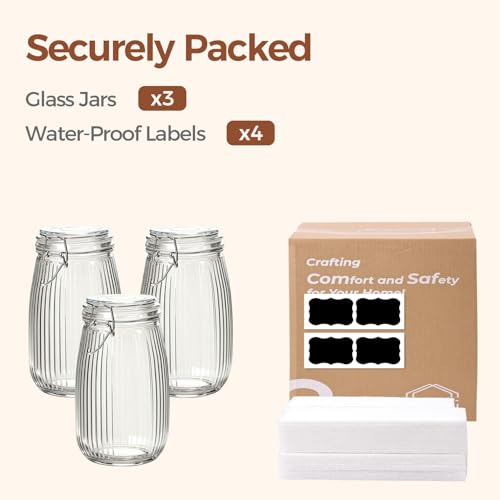 Ribbed Glass Jars with Airtight Lids 51oz 3 Pack Wide Mouth Bulk (3 Count)