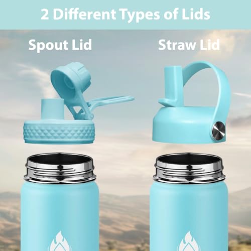Stainless Steel Wide Mouth Water Bottle 32oz Double Wall Vacuum Insulated Leak Proof Bottle with New Flex Straw Lid & Spout Lid