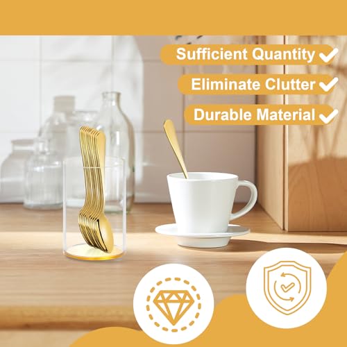 12 Pcs Gold Coffee Spoons with Holder 4.92 Inch Demitasse Espresso Spoons Mini Coffee Spoons Gold Tiny Dessert Spoons Small Tea Spoon Stainless Steel Acrylic Cylinder Holder for Party Coffee Bar Home (12 Count)