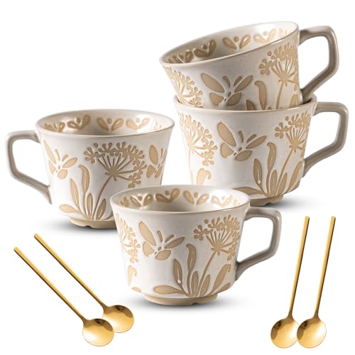 Coffee Mugs Set of 4 with Gold Spoon