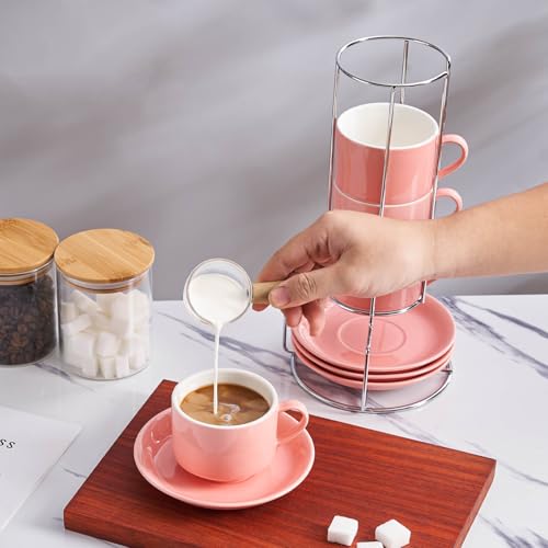 8 Ounce Stackable Cappuccino Cups with Saucers and Metal Stand (4 Count)