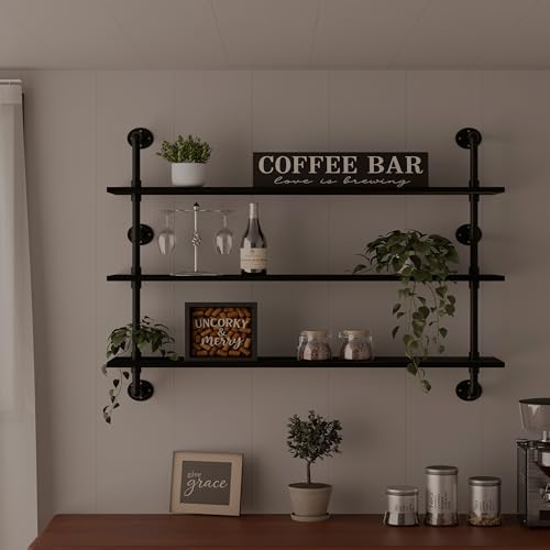 Industrial Pipe Shelving Rustic Black Wall Shelves with Wood Planks Industrial Floating Shelves 48 Inch 3 Tier Farmhouse Bookshelf Pipe Shelves Wall Mounted