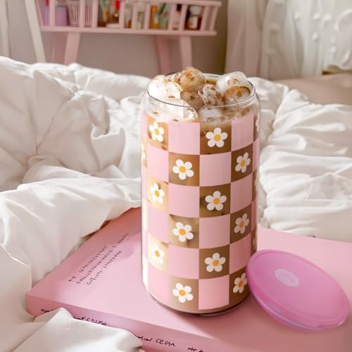 Checkerboard Daisies Glass Can