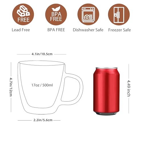 Large Double Wall Glass Coffee Mug 17 oz (2 Count)