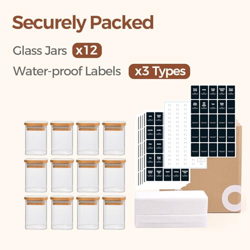 Square Glass Spice Jars with Labels 6 oz 12 Pack with Bamboo Lids (12 Count)