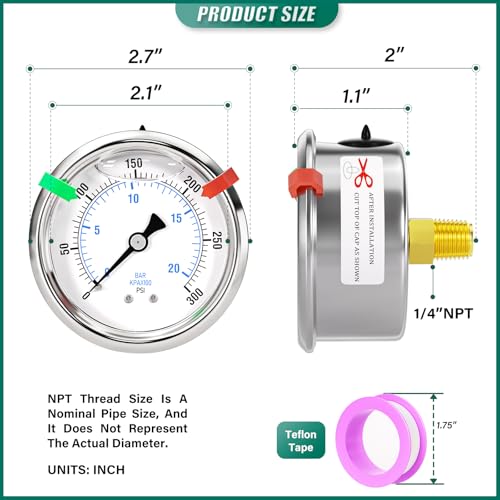 0 300psi Stainless Steel Glycerin Liquid Filled Pressure Gauge 1