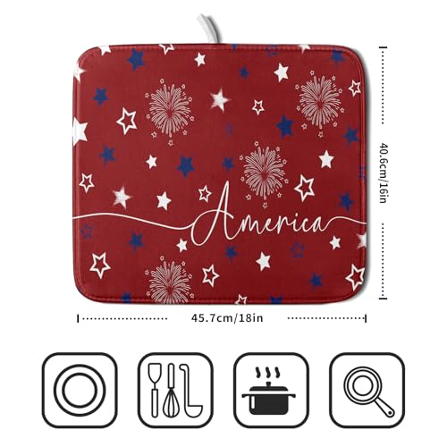 4th of July Dish Drying Mat 16"x18" Patriotic Usa Stars America Firework Dish Drainer Mats Independece Day Reversible Microfiber Dish Drying Pad for Kitchen Countertop Small Decor
