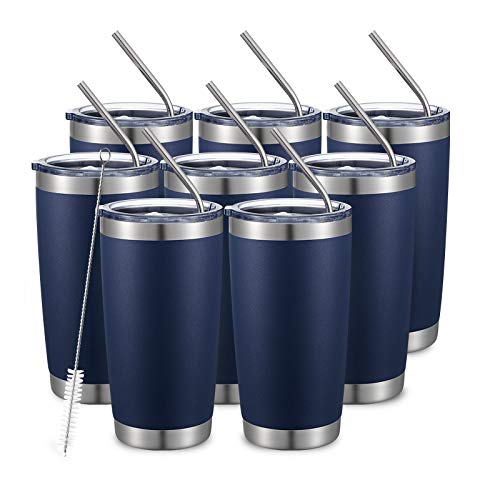 20oz 8Pack Double Wall Vacuum Insulated Coffee Travel Mug Stainless Steel Tumbler Bulk with Lid and Straw Durable Powder Coated Insulated Coffee Cup for Cold & Hot Drinks (8 Count)