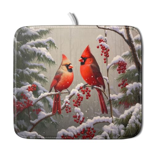 Winter Red Cardinal Bird Dish Drying Mat for Kitchen Counter