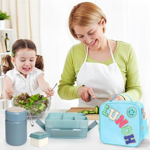 Lunch Box for Girl with 10oz Thermo 6 Compartment Bento Set Blue