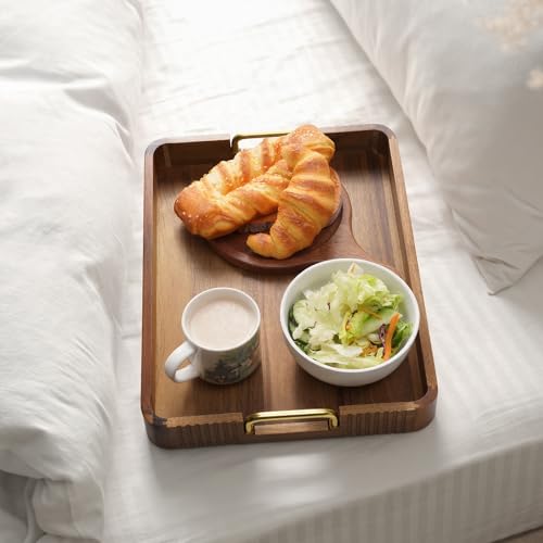 Acacia Wood Serving Tray with Gold Handles