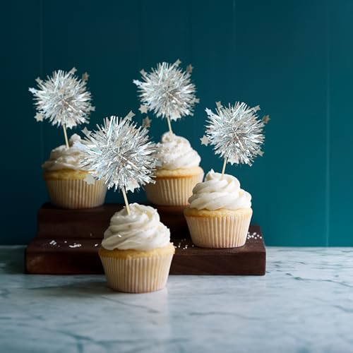 30Pcs Foil Firework Cupcake Toppers Party Birthday Cake Toppers Supplies Sparkle Tinsel Cocktail Fruit Toothpick for Birthday Wedding Graduation Party Silver (30 Count)