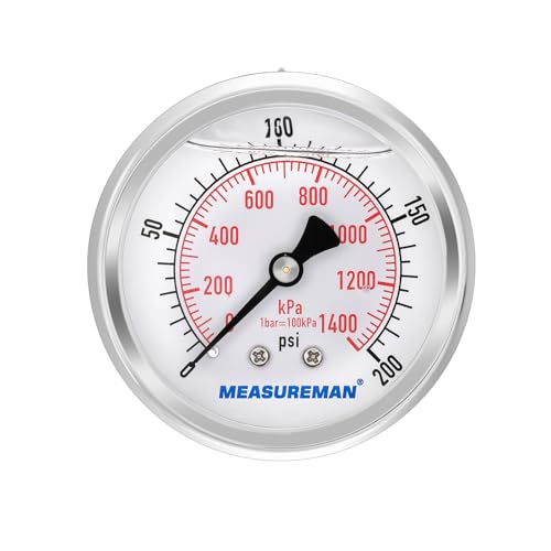 2-1/2inch Dial Size, Glycerin Filled Pressure Gauge, 0-200psi/kpa, 304 Stainless Steel Case, 1/4inchNPT Center Back Mount