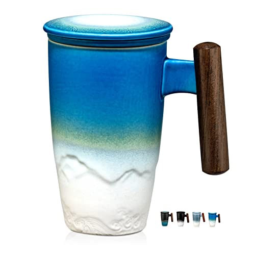 Tomotime Ceramic Tea Cup with Infuser and Lid Tea Mugs Wooden Handle 400ml