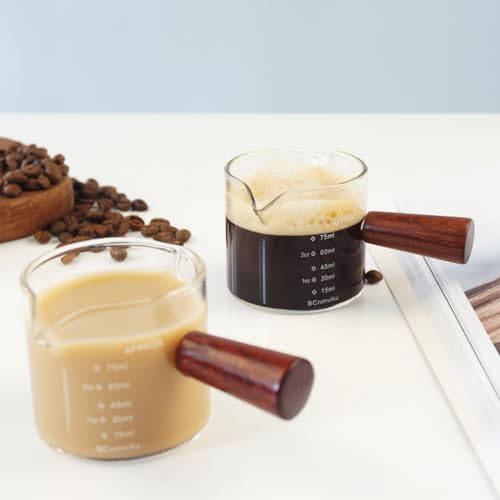 2 PCS Double Spouts Measuring Triple Pitcher Milk Cup with Wood Handle 75ML Espresso Shot Glasses Parts Clear Glass By BCnmviku (2 Count)