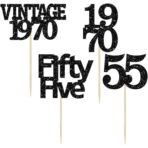 24Pcs Vintage 1970 Cupcake Toppers Glitter Cheers to 55 Fabulous Fifty Five Cupcake Picks 55th Birthday Wedding Anniversary Party Cake Decorations Supplies Black (24 Count)