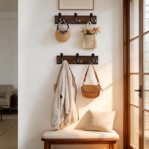 17 Inch Walnut Wood Coat Rack Wall Mount with 3 Triple Hooks