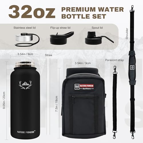 32 oz Insulated Water Bottle with Carrier Bag & 3 Lids