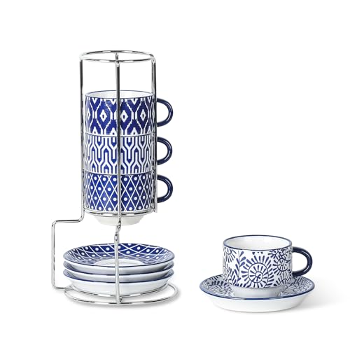Ceramic Espresso Cups with Saucers and Metal Stand (7 Count)
