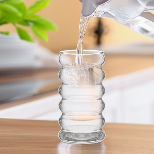4 Pcs Creative Glass Cups Vintage Drinking Glasses Ribbed Glassware Aesthetic Cup Entertainment Dinnerware Glassware with Straws Set for Kitchen Coffee Beverage (4 Count)