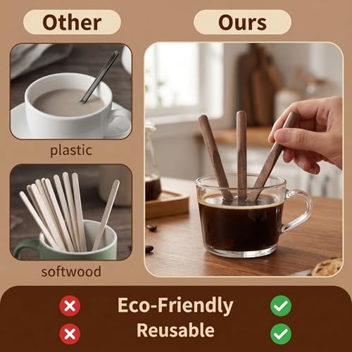Solid Black Walnut Wood 3Pcs 6" Reusable Coffee Stirrers【Rounded Handle】 (3 Count)