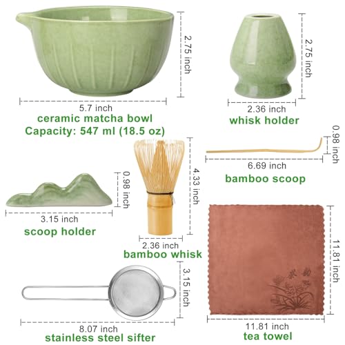 Matcha Whisk Set Ceramic Bowl Kit with Spout (7 Count)
