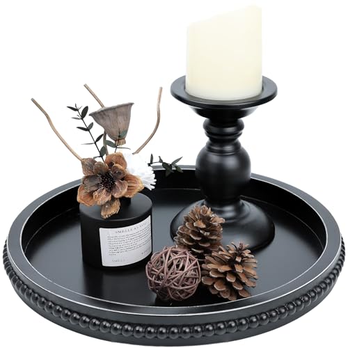 Black Round Wood Decorative Ottoman Tray for Coffee Table
