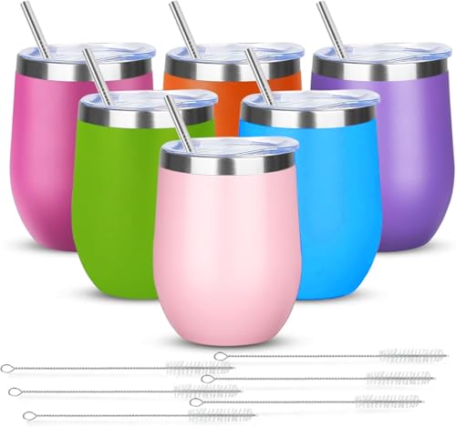 12oz 6 Pack Wine Tumbler Glasses with Lid Stemless Double Wall Vacuum Stainless Steel Travel Tumbler Keeping Cold & Hot for Wine (6 Count)