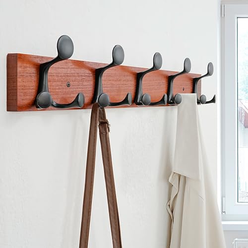 24 Inch Cherry Wood Coat Rack Wall Mount with 5 Triple Hooks
