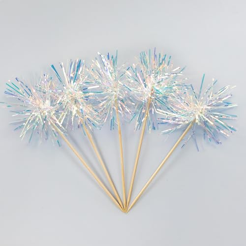 30Pcs Foil Firework Cupcake Toppers Sparkle Tinsel Cake Toppers Tinsel Drink Cake Decoration Cocktail Picks for Birthday Wedding Graduation Party Supplies Laser White (30 Count)