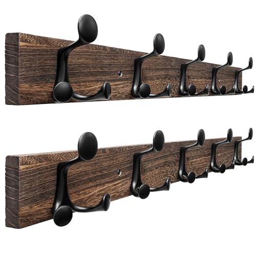 30 Inch Wood Burnt Coat Rack Wall Mount with 5 Triple Hooks (2 Count)