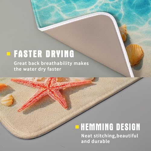 Coastal Starfish Dish Drying Mat 16"x18" Ocean Blue Sea Coral Seashell Dish Drainer Mats Nautical Beach Themed Decorative Reversible Dish Drying Pad for Kitchen Countertop Dining Room