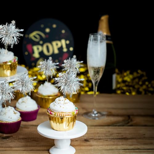 30Pcs Foil Firework Cupcake Toppers Sparkle Tinsel Star Cake Toppers Tinsel Drink Cake Decoration Cocktail Picks for Birthday Wedding Graduation Party Supplies Silver (30 Count)