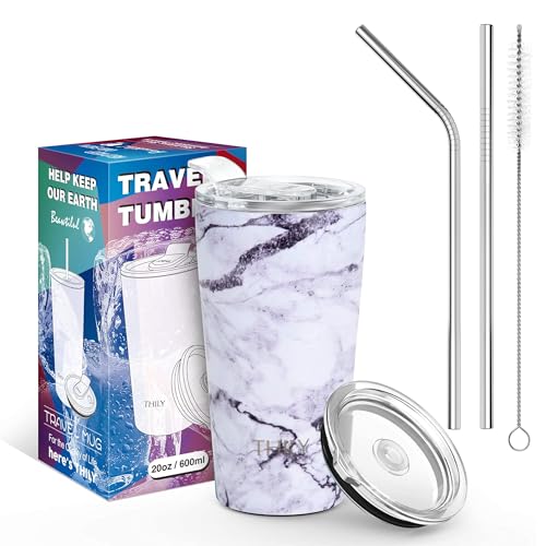 Stainless Steel Vacuum Insulated Tumbler Travel Mug 20 oz Coffee Cup with 2 Lids and Straws