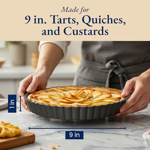 Classic Tart Pan 9 Inch Removable Bottom with Patented Silicone Crust Shaper