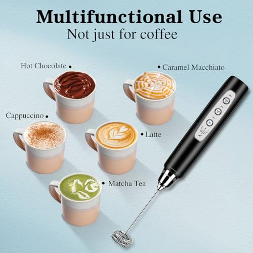 Milk Frother Wand Rechargeable Handheld Whisk Coffee 3 Speed Adjustable