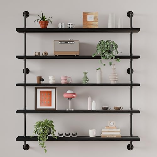 Floating Shelves for Wall Bookshelf Industrial Pipe Shelving Shelves 48 Inch 5 Tier Natural Wood Planks Rustic Wall Shelves Hanging Bookshelves Farmhouse Kitchen Shelving Black