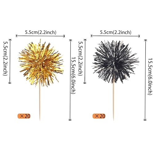 40 PCS Foil Firework Cupcake Toppers Sparkle Tinsel Cupcake Picks Fireworks Birthday Party Decorations Cocktail Fruit Toothpick for Birthday Wedding Graduation Party Decorations Supplies Black Gold (40 Count)