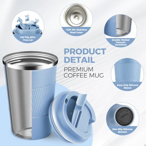 13 oz Stainless Steel Insulated Travel Coffee Mug with Fip Lid Bulk 2 Pack (2 Count)