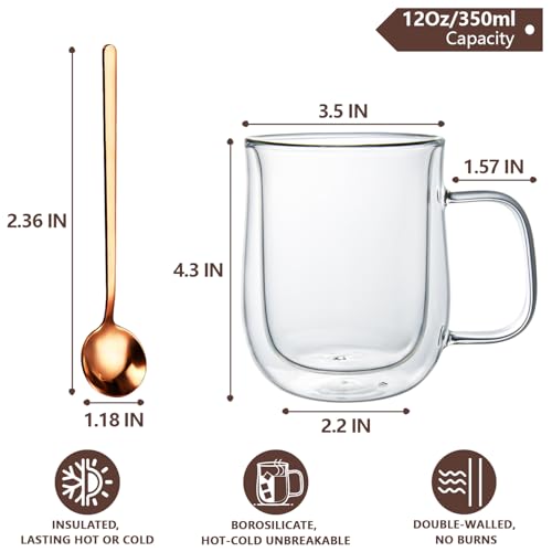 Double Walled Glass Coffee Mugs 12 oz (4 Count)