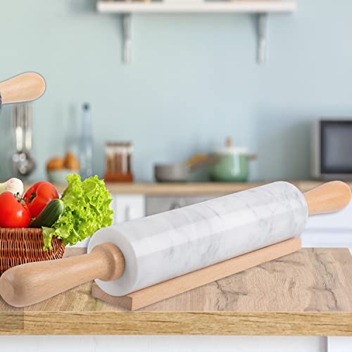 Marble Rolling Pin with Wooden Cradle Thick Handle Set for Baking
