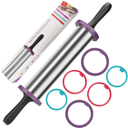 Adjustable Stainless Steel Rolling Pin with Thickness Rings 19 Inch